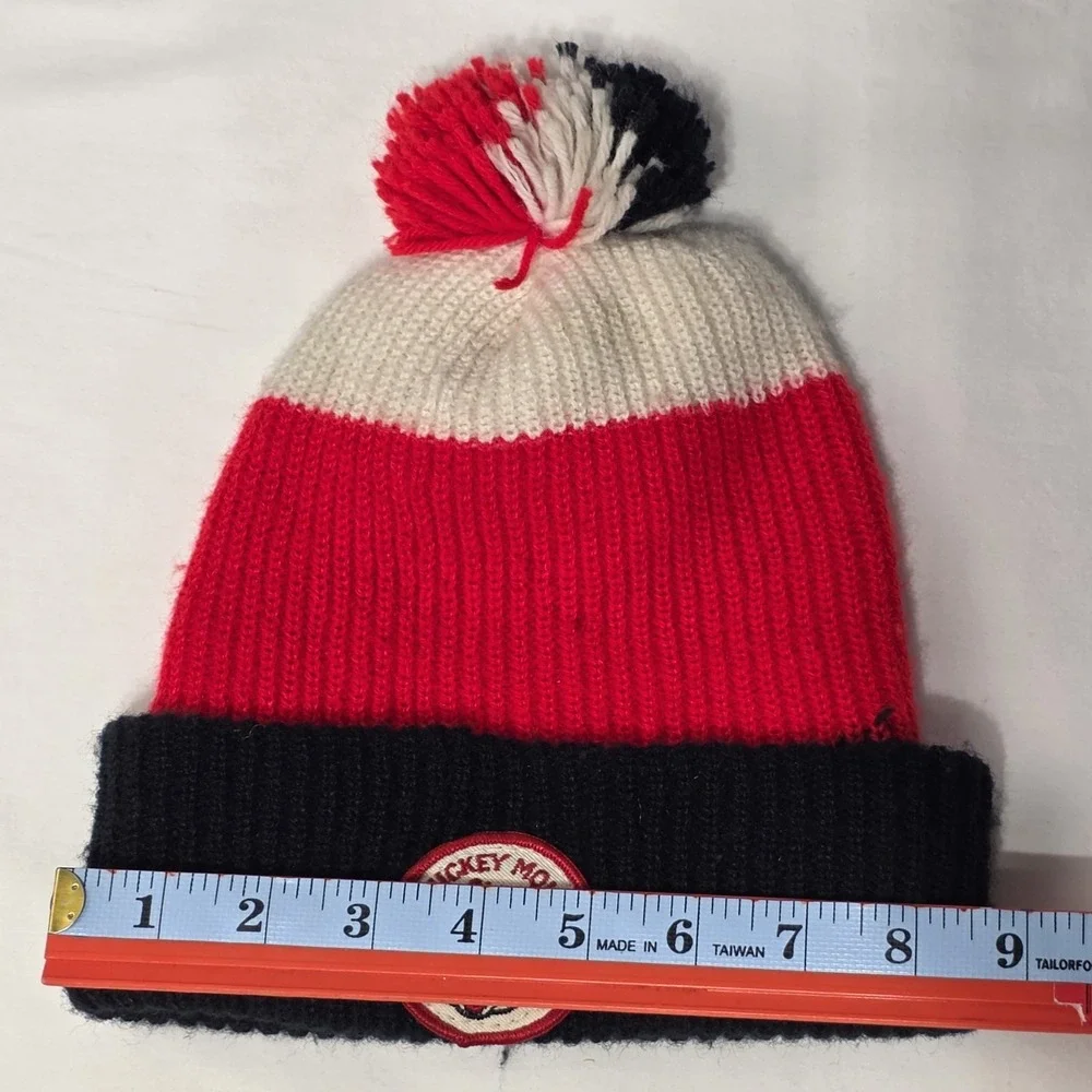 Disney Mickey Mouse Club Unisex Knit Beanie Pom Hat Red Black White Vintage